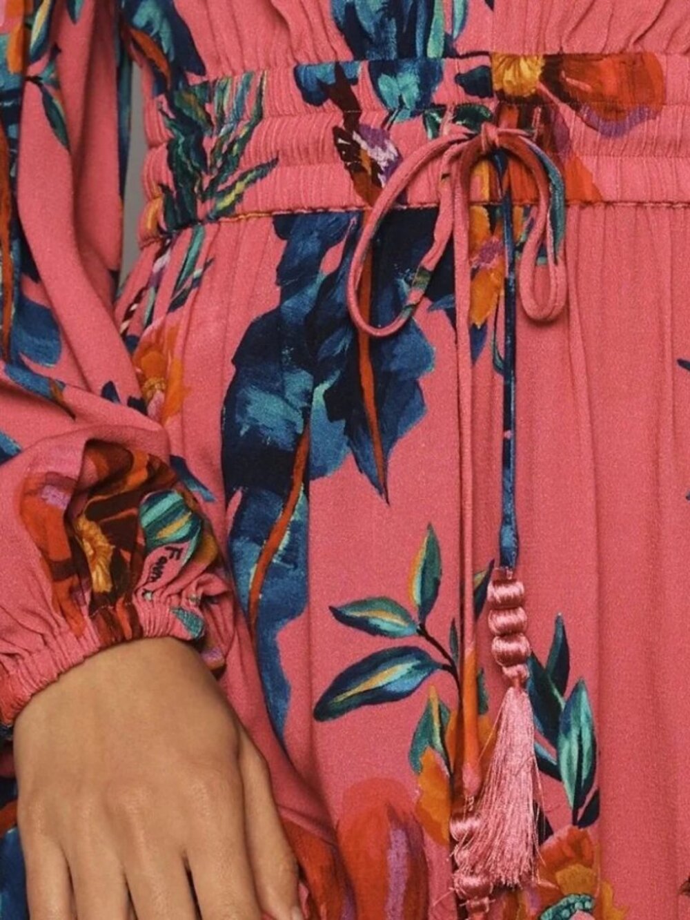 Farm Rio Anthropologie Midi Dress S Long Sleeve Floral Boho Tropical Pink Resort - Picture 4 of 16